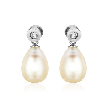 Sterling Silver Earrings with Pear Shaped Freshwater Pearls and Cubic Zirconias
